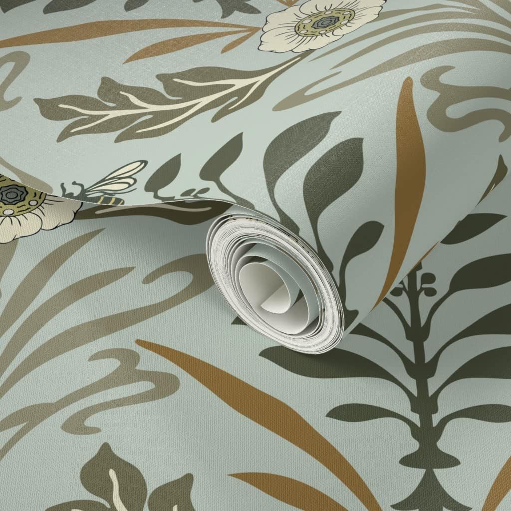 Spoonflower Peel & Stick Wallpaper 12ft x 2ft - Art Nouveau Large Mint Blue Forest Green Damask Custom Removable Wallpaper