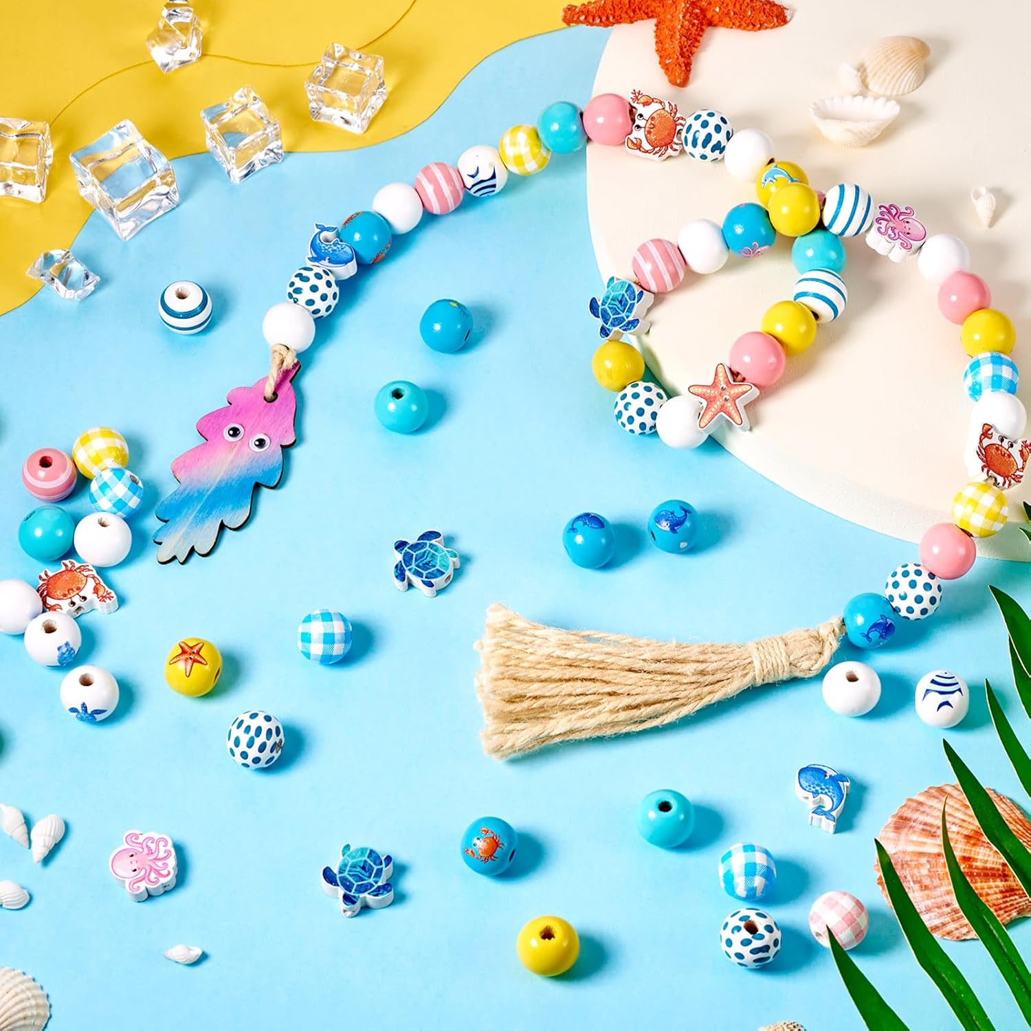 Beadthoven 243pcs Sea Ocean Wood Beads for Crafts 16mm Round Wooden Craft Beads Starfish Turtle Spacers Polished Wooden Beads Colorful Hawaii Beads for Summer Beach Party Decor Garland Jewelry DIY