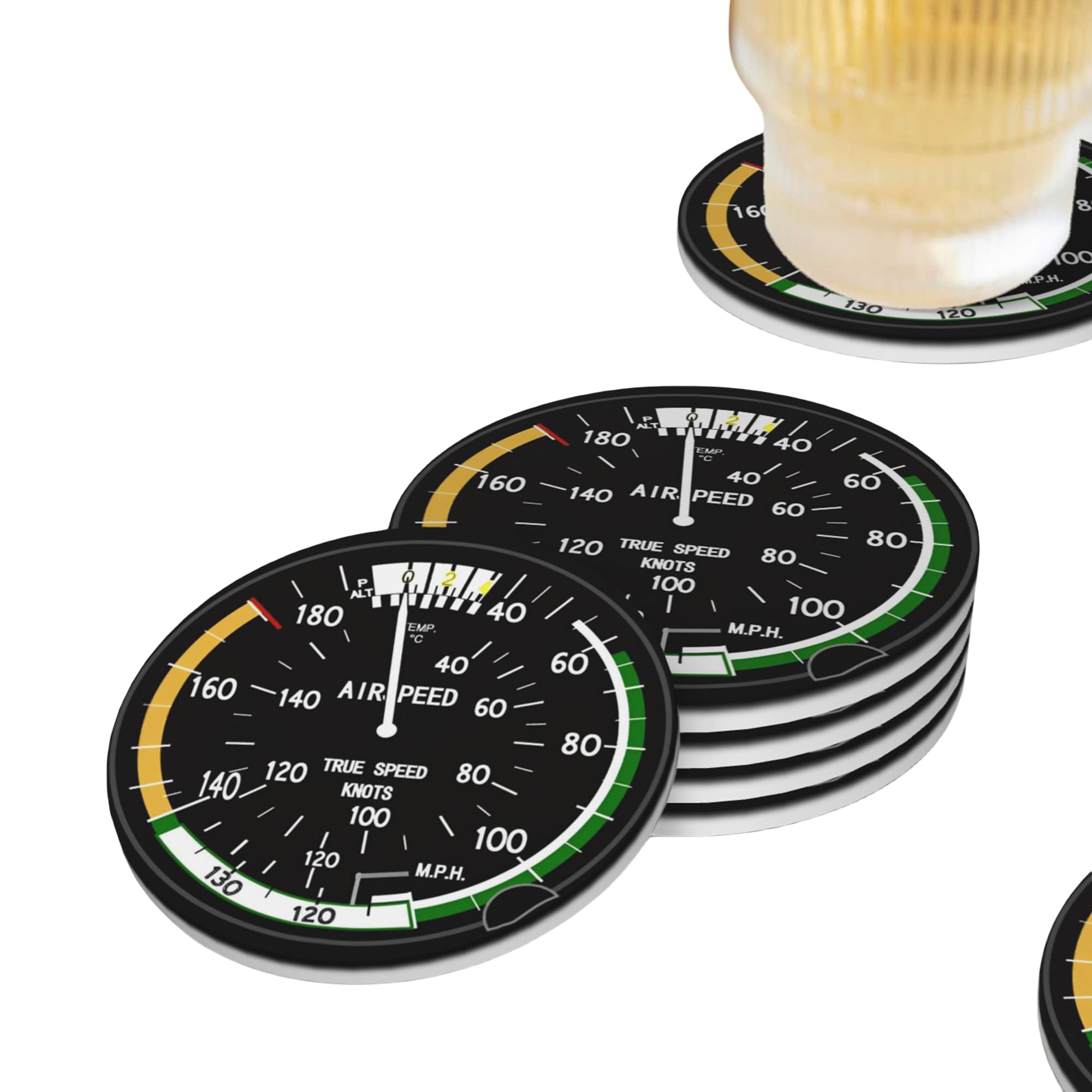 Airplane Aircraft Speedometer Pilot Flight Coasters for Drinks Set of 4, Absorbent Ceramic Drink Coasters for Coffee Table Wooden Table Cup Bar, 4