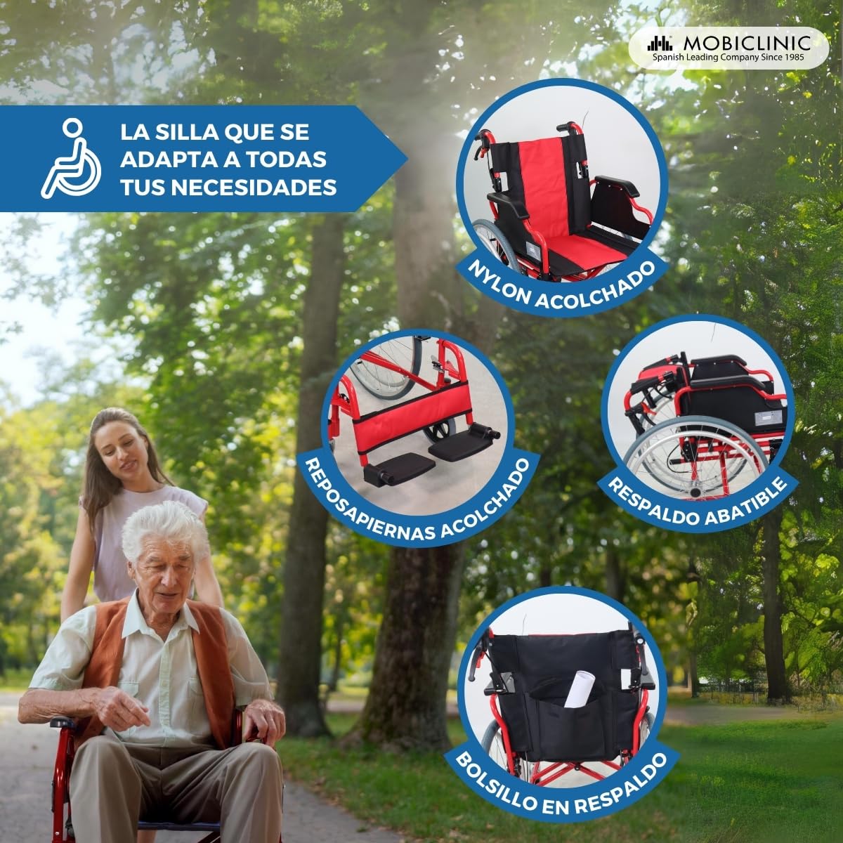 Mobiclinic®, Silla de ruedas plegable, Aluminio, Doble sistema frenado, Reposapiés abatibles y extraíbles, Reposabrazos, Respaldo partido, Asiento 44 cm, Ultraligera