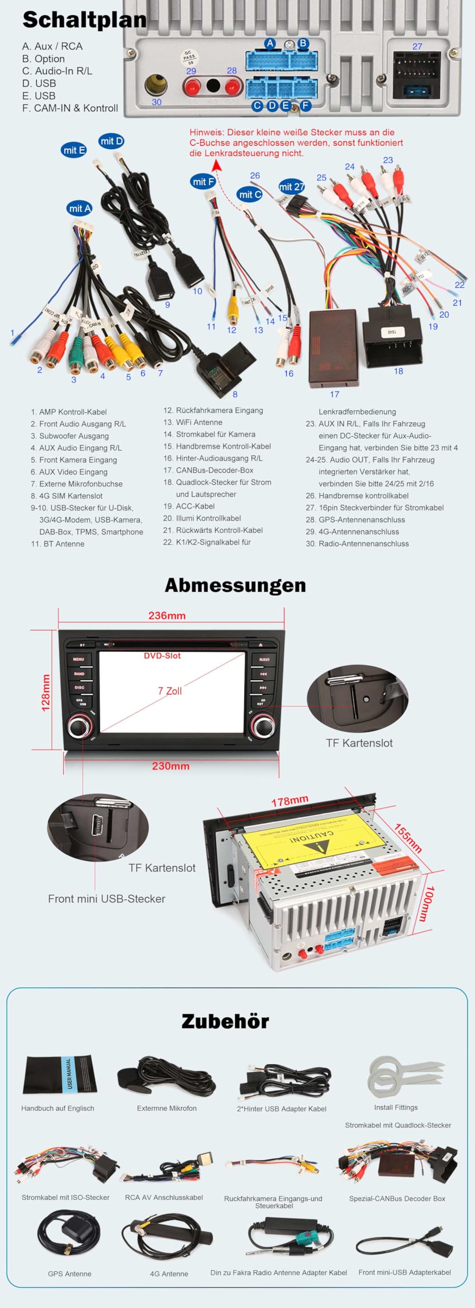 Erisin 8-Core 4GB+64GB Android 14 Autoradio 2 Din GPS Navigatore per Audi A4 B9 B7 S4 RS4 8E 8F RNS-E SEAT EXEO 7 pollici Schermo CarPlay Android Auto Bluetooth 5.0 WiFi 4G DSP DAB+USB CD DVD FM
