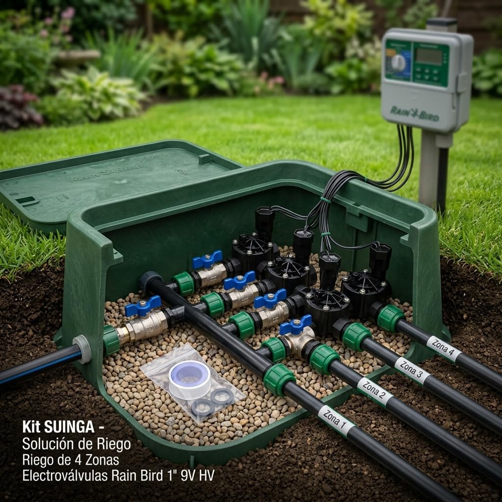 Suinga Sistema di irrigazione automatica per giardino con 4 zone e elettrovalvole Rain Bird HV 1" 24V. Da utilizzare con programmatore elettrico, nero