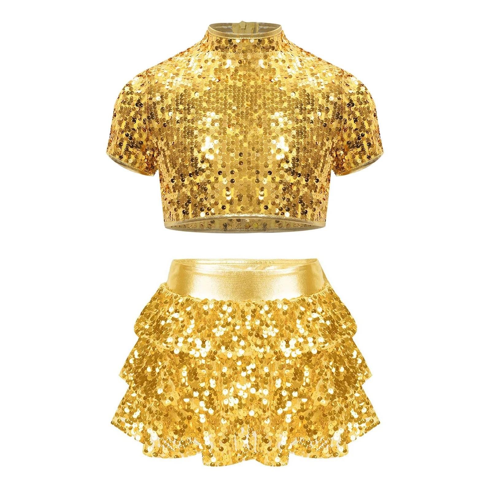 Traje de actuación de Danza de Ballet Jazz for niñas, porristas, Top Corto de Lentejuelas con Falda y Pantalones Cortos con Volantes escalonados.(Purple,16)