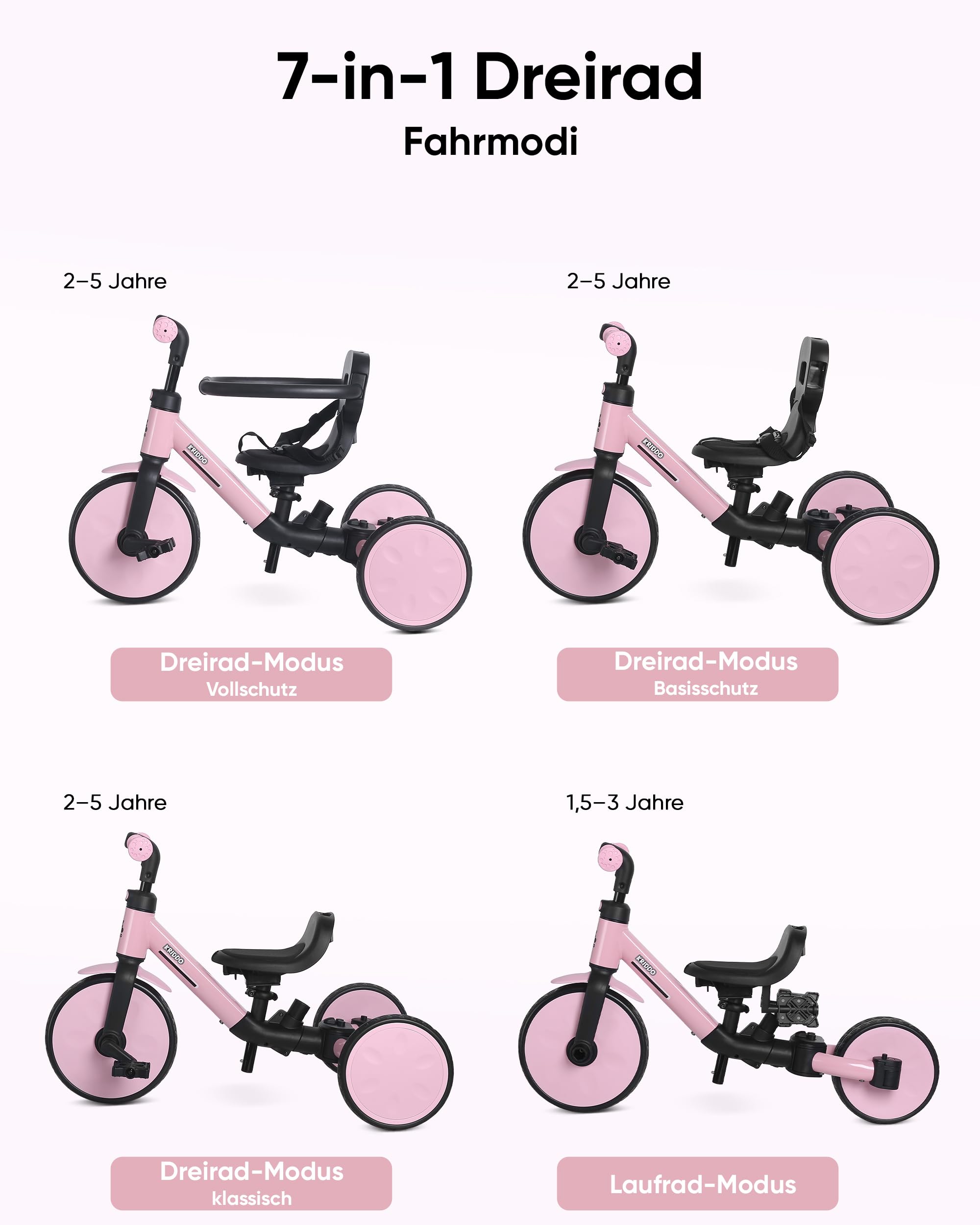 KRIDDO 7-in-1 Kinderdreirad für 1,5–5 Jahre, umwandelbares Baby-Dreirad mit Schubstange, Lenkdreirad & Laufrad, 3-Punkt-Gurt und Aufbewahrungstasche, für Jungen und Mädchen, Rosa