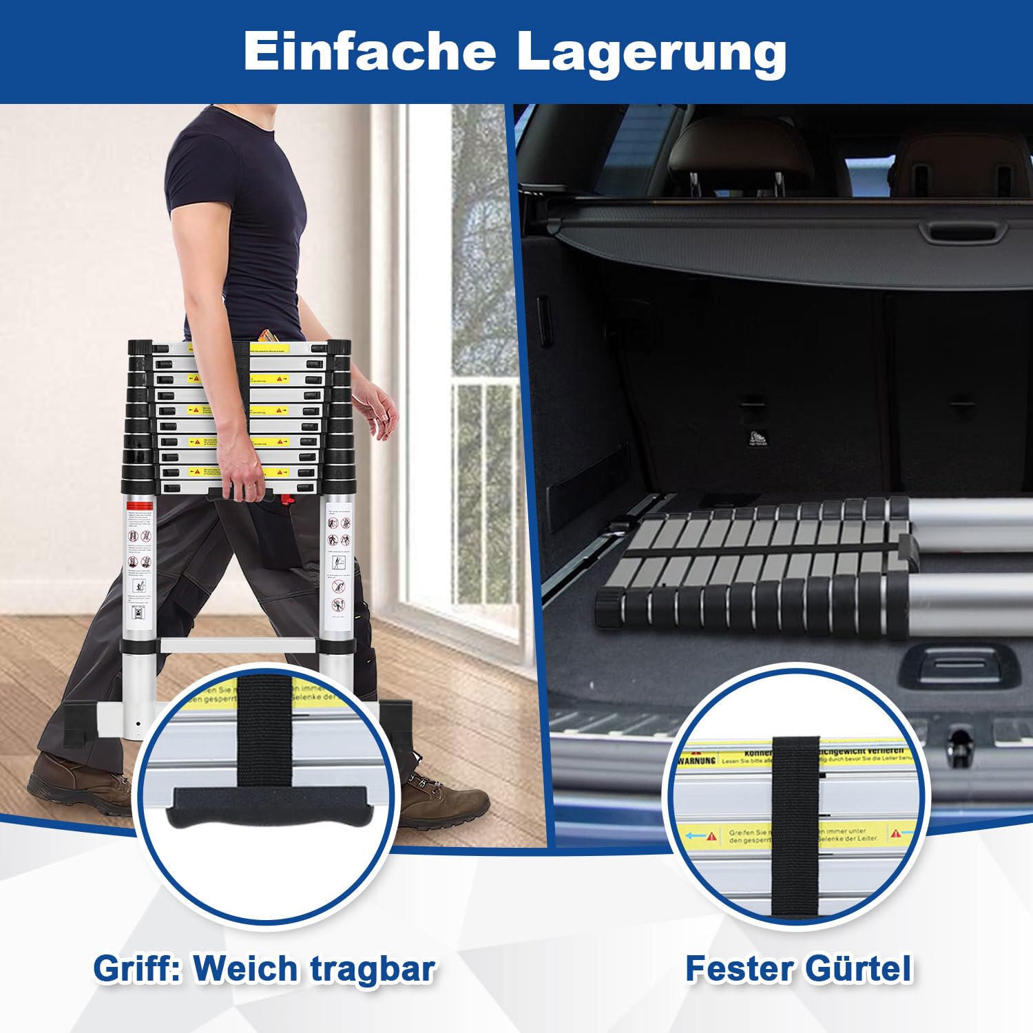 Teleskopleiter, 5M Aluminium Ausziehbare Leiter mit Stabilisator, Belastung 150kg, Rutschfester Aluleiter Stehleiter Mehrzweckleiter für Dachboden Büro Wohnmobil Klettern