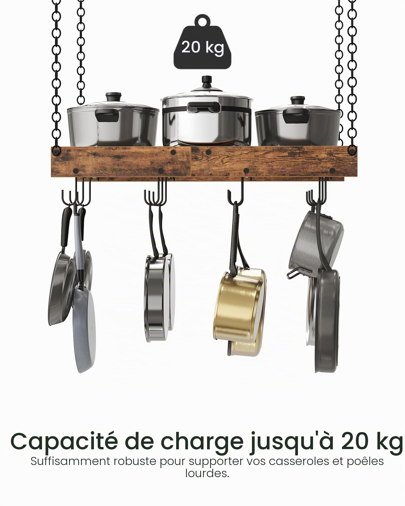 CHOEZON Porte-casseroles Suspendu 61 cm, Support à Poêle Suspendu au Plafond, Étagère de Cuisine, 12 Crochets, Rangement des Ustensiles, Gain de Place, Noir et Marron Rustique DTPR01BF