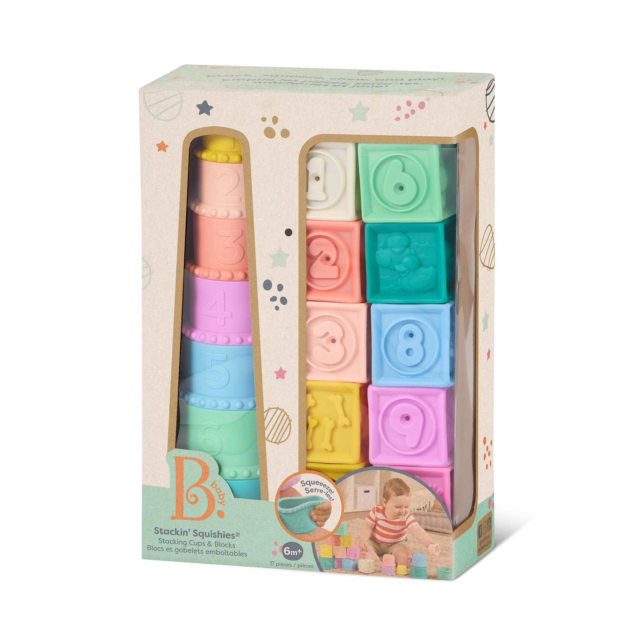 B. toys - Squishies do układania w stosy - Zabawka sensoryczna dla niemowląt - Miękkie klocki dla niemowląt - Figury, kształty i zwierzęta - 6 miesięcy +