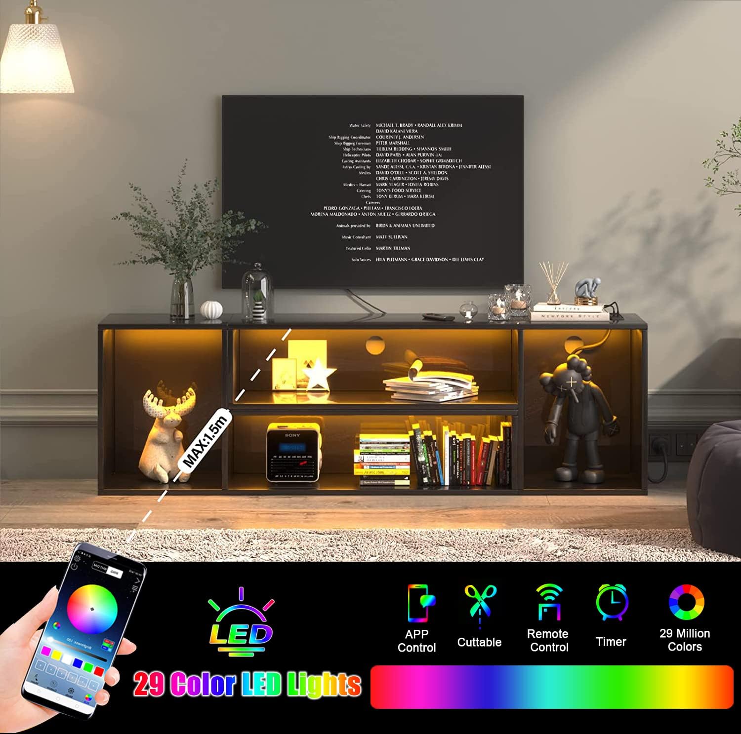 basenji TV Stand, Deformable TV Stand with LED Lights & Power Outlets, Modern TV Stand for 45/50/55/60/65/75 Inch TVS, Gaming Entertainment Center Media Console with Storage Shelves (Black)