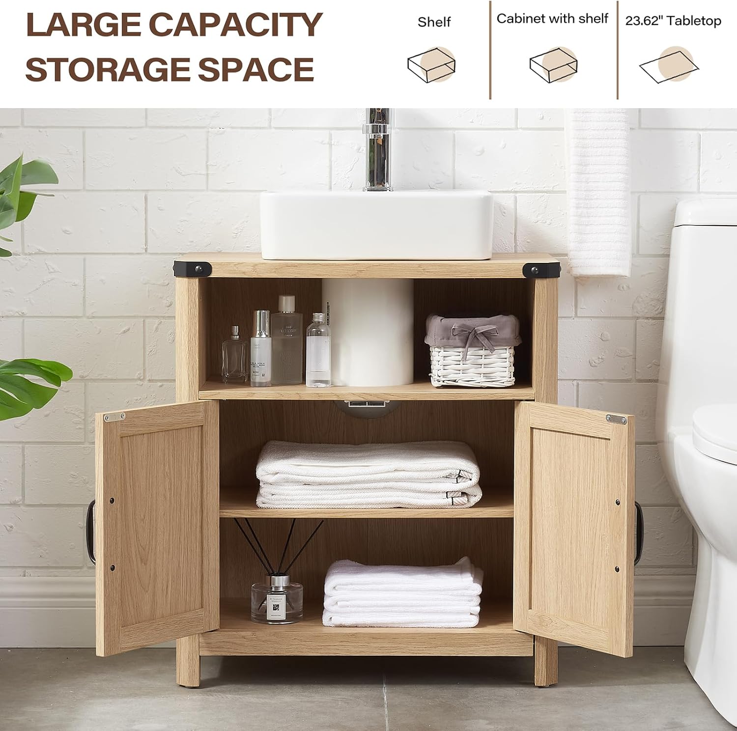 Minifeel Bathroom Floor Cabinet, Adjustable Shelf, Barn Doors, Farmhouse Bathroom Storage Cabinet for Kitchen, Living Room (Natural Oak)