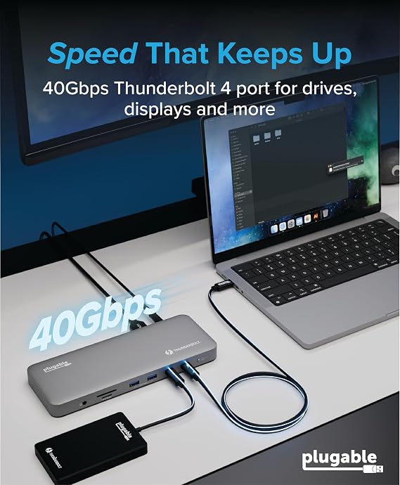Plugable Thunderbolt 4 Dock for M4/M5 MacBook Air & Pro: 100W Charging Driverless Laptop Docking Station with 4K HDMI Dual Monitor or Single 6K, 6X USB, SD, Ethernet, Thunderbolt Certified (TBT-UDM)
