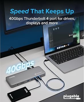 Plugable Thunderbolt 4 Dock for M4/M5 MacBook Air & Pro: 100W Charging Driverless Laptop Docking Station with 4K HDMI Dual Monitor or Single 6K, 6X USB, SD, Ethernet, Thunderbolt Certified (TBT-UDM)