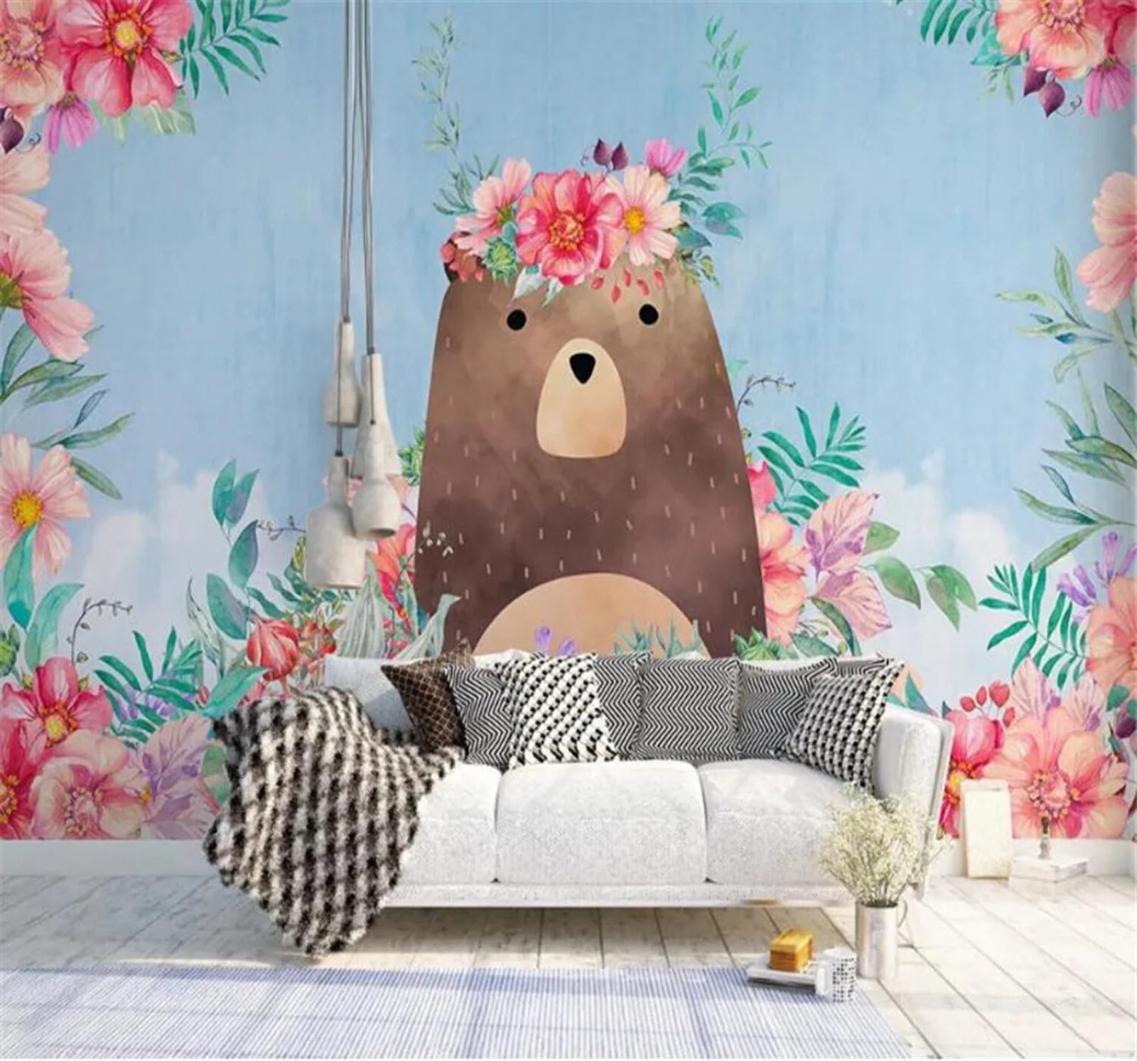 Tzxztt Minimalist Animals Bear Aesthetic Flowers Modern 3D Wallpaper Premium Textured Silk Neutral Tones Material Ideal for Living Room Bedroom-250cm×170cm