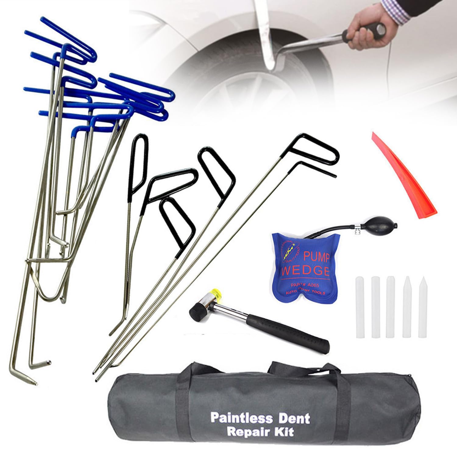 Dent Removal Tool Kit, 16 Dent Repair Hooks Push and Pull Rod, Hail Damage Removal Tools with Hammer Airbag Leveling Pen for Most Cars and Trucks