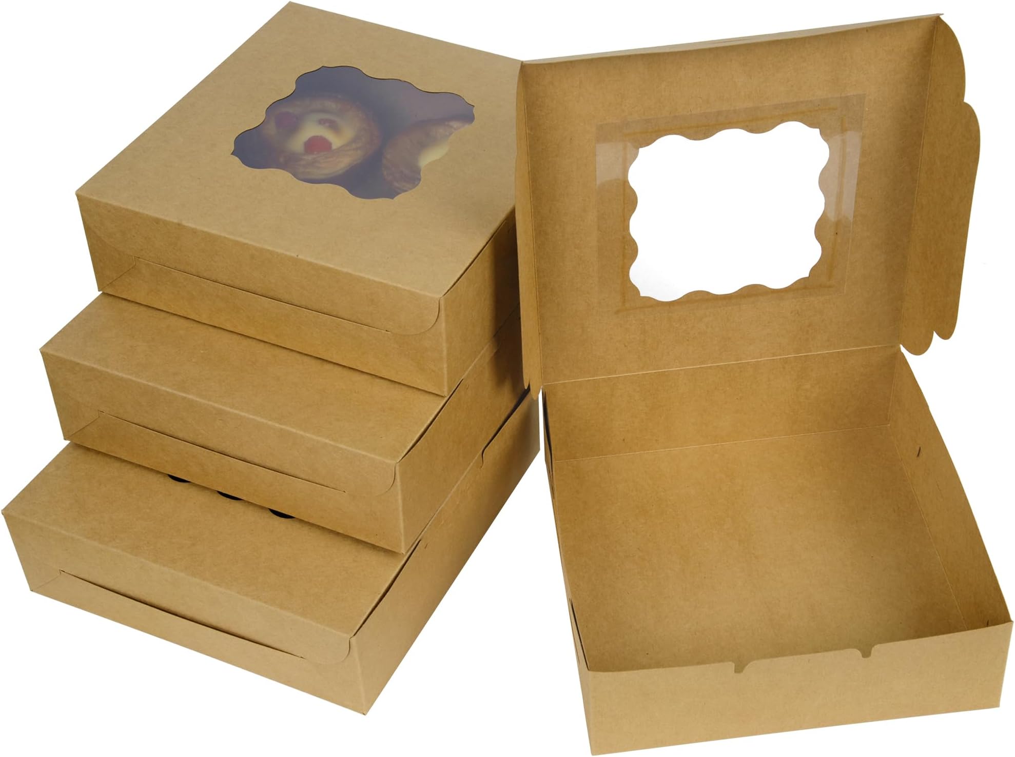 8-inch Kraft Cookie Boxes with Window, 15 Pack 8'' x 8'' x 2.5'' Square Cake Bakery Boxes for Cookies Pastries Biscuits Muffins Pies, Brown (Brown-345)