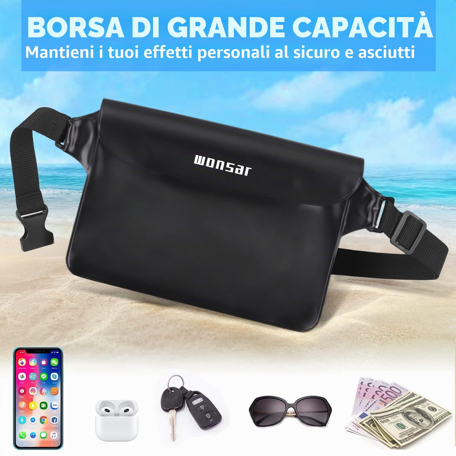 WONSAR borsa impermeabile, marsupio Custodia Smartphone, Porta Cellulare Subacquea Universale per Spiaggia Nuoto, Canottaggio, Pesca, Vela, Escursioni