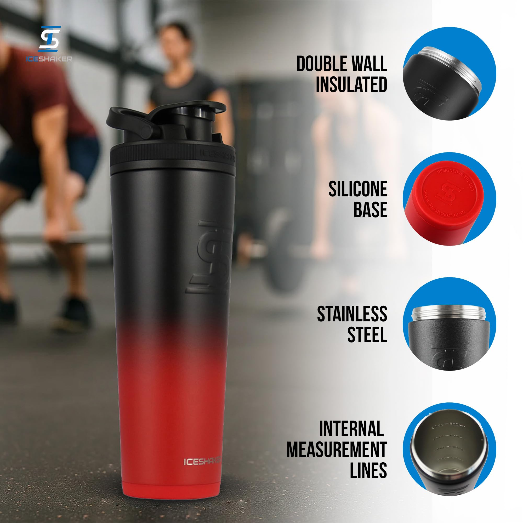 Ice Shaker Insulated Stainless Steel Shaker Bottle | 32oz, Red/Black | Cold for 30+ Hours | Insulated Cup with Twist-on Agitator | Odor-Free Bottle for Protein Shakes, Water, Smoothies, Cocktails