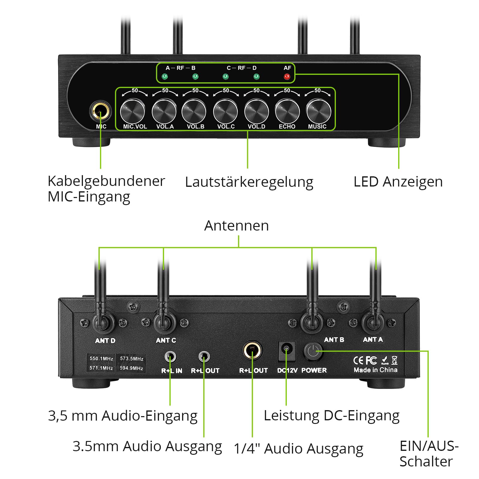 LiNKFOR 4 x UHF Mikrofon drahtloses UHF 4 Kanal Mikrofonsystem mit 4 drahtlosen Handmikrofonen, 50 * 4 Kanälen wählbare Frequenz, Echo, Bluetooth, AUX, ideal für DJ, Gesang, Kirche, Hochzeiten