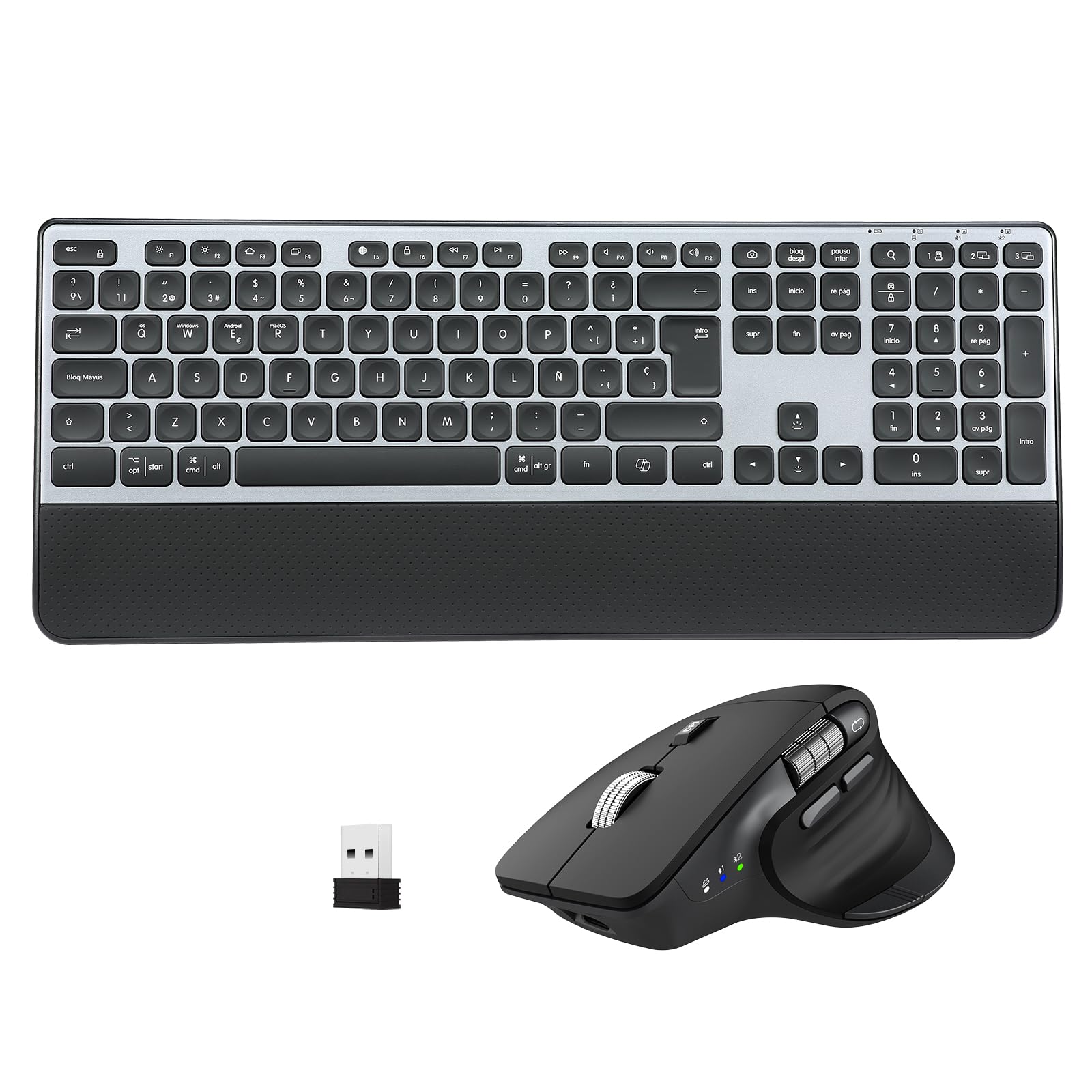 M9100 Teclado y Ratón Inalámbrico Combo -Retroiluminado Recargable Ergonómico, Soporte Ajustable y Reposamuñecas, 4 Niveles dpi Hyper-Fast Scrolling Ratón Silencioso para Ordenador PC Portátil