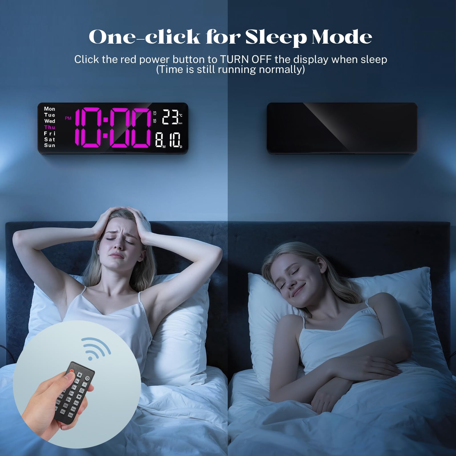 Orologio da parete digitale, con ampio display LED da 40,6 cm, con telecomando, orologio da parete a LED con luce notturna a 8 colori RGB, sveglia, data, settimana, temperatura, DST, per