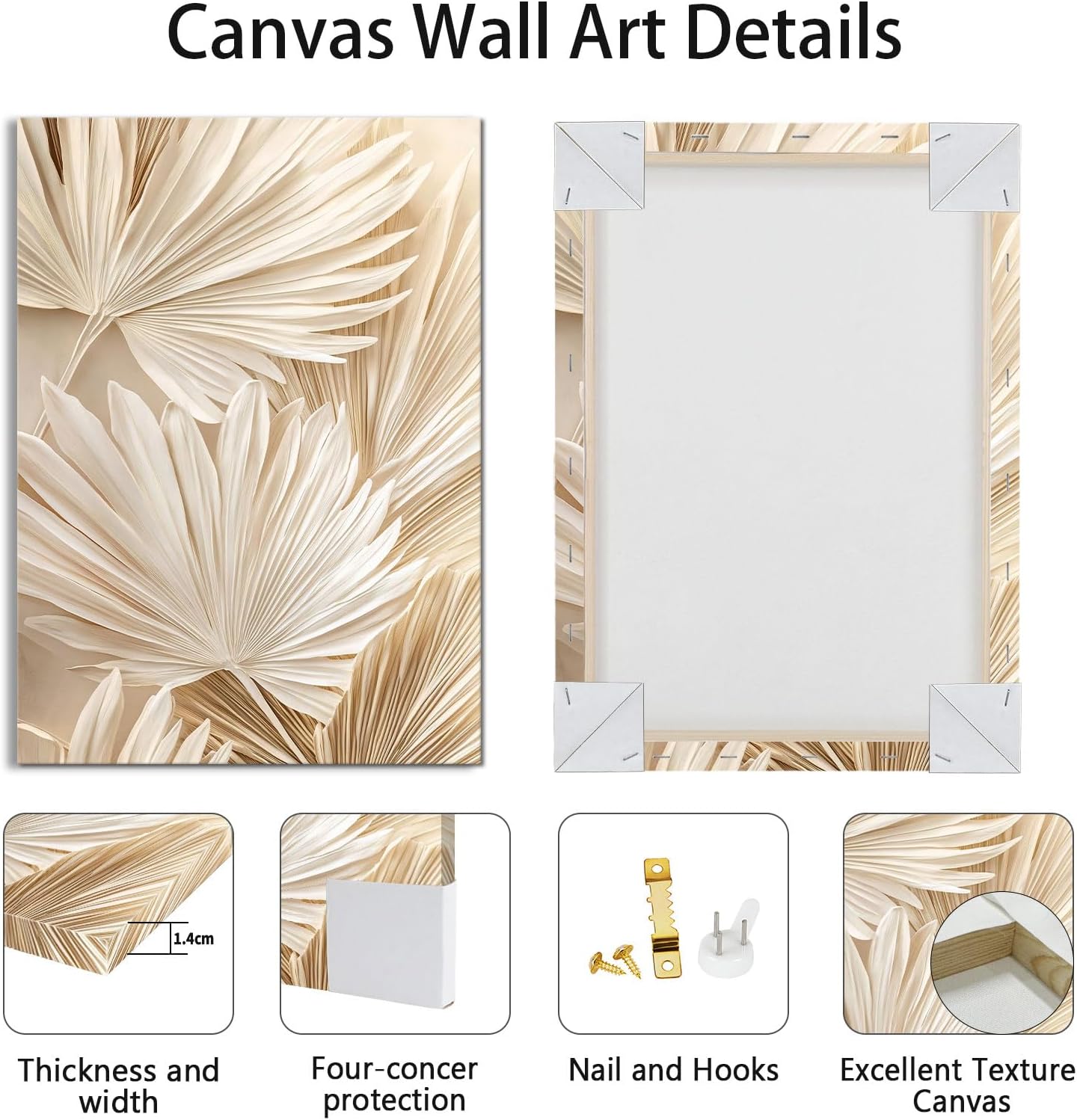 3 Pcs Beige Reeds Botanical Framed Canvas Wall Art Neutral Palm Fronds Wall Paintings Quiet Beach Landscapes Art Prints Picture Home Decor for Bedroom Living Room Office Reay to Hang 16"x24"x3Pcs