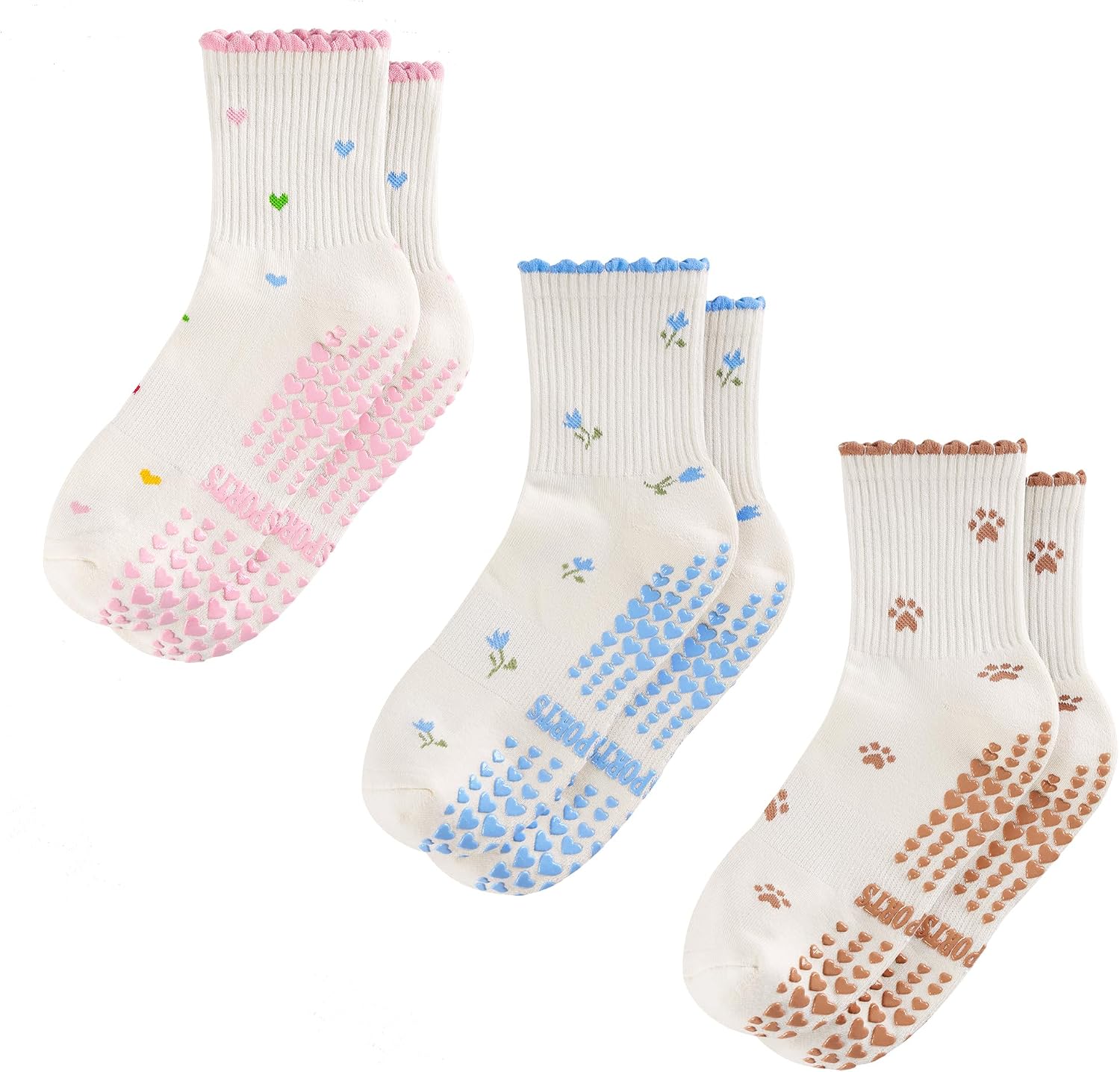 Pilates Socks with Grip Yoga Socks for Women Cute Ruffle Socks 3 Pairs | Heart-shaped Non-slip Grips, Arch Support, Cute Ruffle Trim, Soft Cotton, Fit Yoga, Barre, and Studio Workouts, Size 5-10