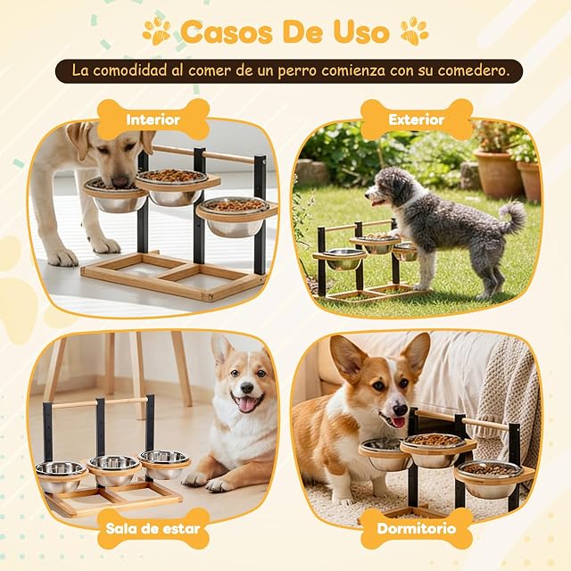 Foto 8 de 8 de THCTYRP Comedero de madera ajustable en altura, 5 niveles, con 3 cuencos de acero inoxidable de 1400 ml