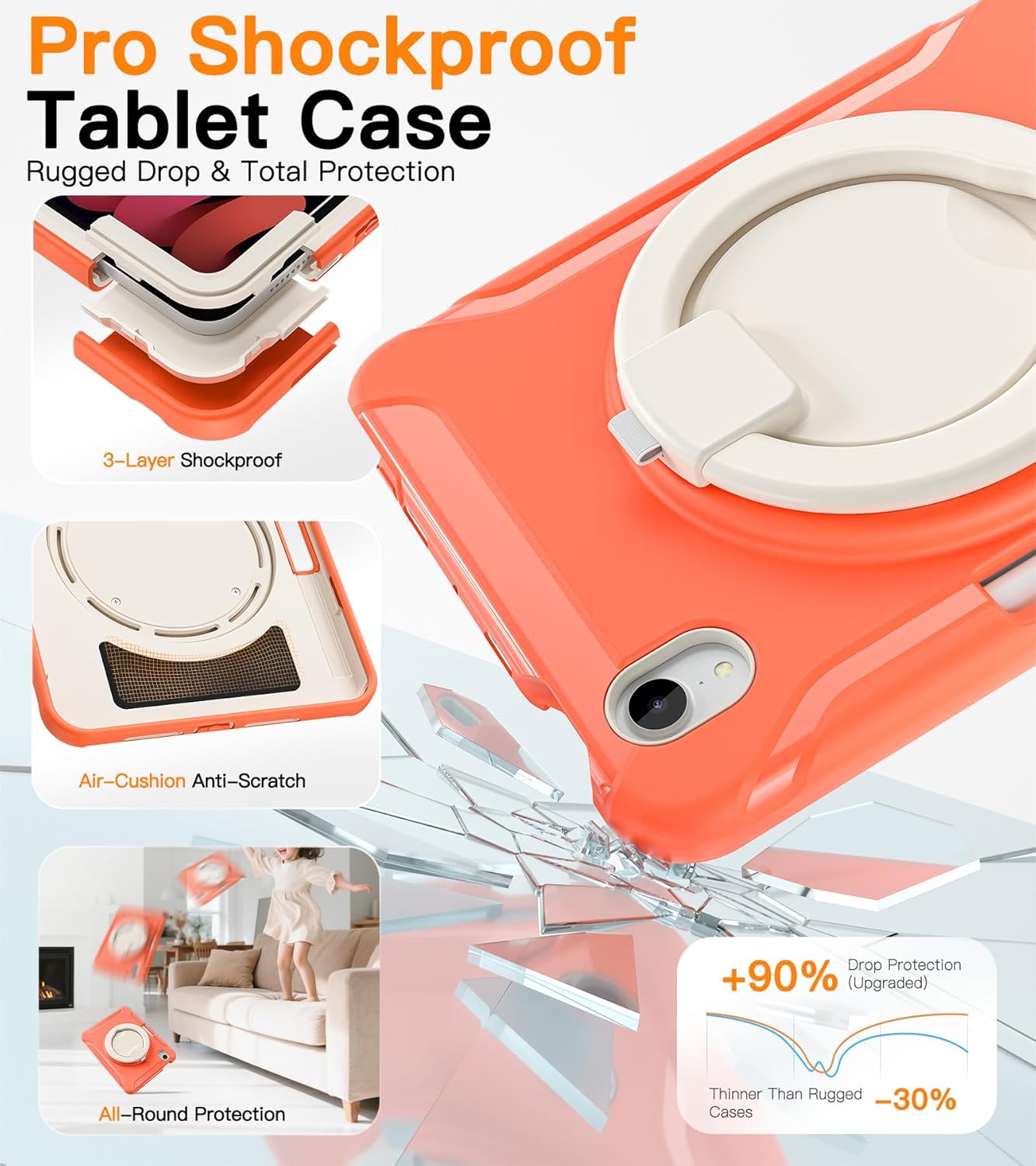 BATYUE Shockproof Case for iPad mini 7 (A17 Pro)/ Mini 6 8.3 inch (2024/2021) - 360° Multi-Angle Stand (Portrait & Landscape) & Grip, Built-in Pencil Holder, Coral Orange - Image 4