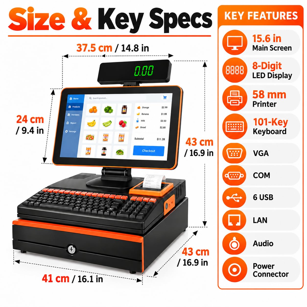 TsoLay Terminal De Punto De Venta Windows Cash Register, Pantalla Táctil De 15,6", Procesador I7, Cajón Portamonedas, 8 GB De Ram, 256 GB De Almacenamiento, Windows 10 para Blue