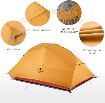 Naturehike Cloud-Up 3 Ultralight Professional Tent 3 Persons Backpacking Hiking Camping Cycling Tent 210T Orange Upgrade