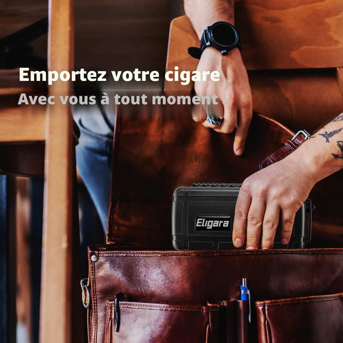 Cave à cigares de voyage avec disque humidificateur – Imperméable, hermétique, résistant à l'écrasement – Peut contenir jusqu'à 15 cigares, boîte à cigares portable pour homme (L – 23,8 x 12,7 x 5 cm)