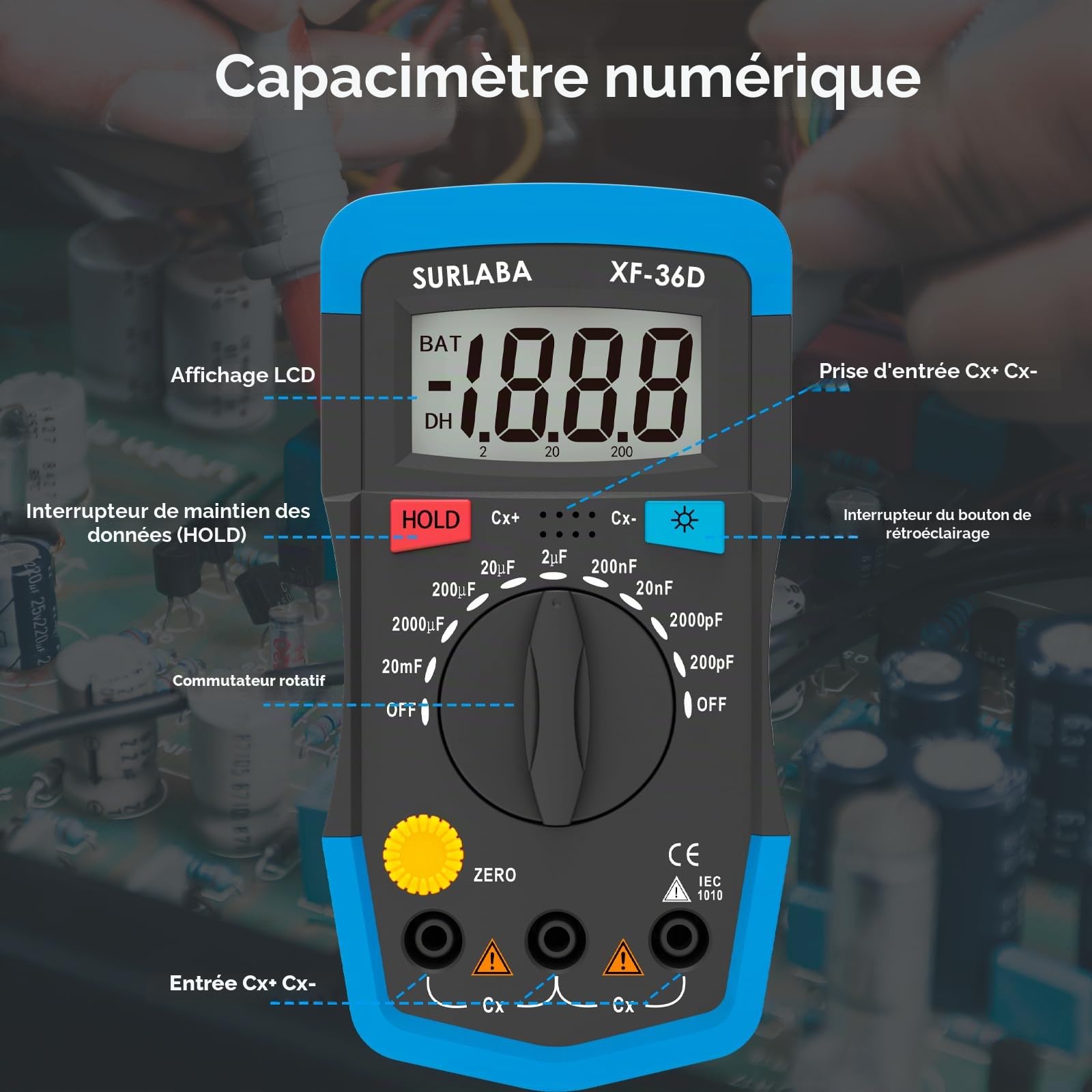Capacimètre Numérique, XF-36D Condensateur Testeur 0.1pF à 20,000uF, 1999 Display Capacitance Mètre Multimètres avec Data Hold pour Accueil, Industrie, Test de défaillance