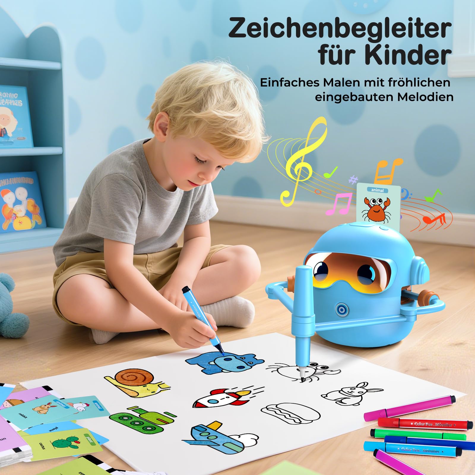 NAUQUOHZ Malroboter für Kinder, Zeichenroboter Kinder Voice-Sprachinteraktiver Pädagogischer Drawing Robot mit 100 Karten, 16 Buntstifte & Musik, EIN Geschenk für Jungen Mädchen