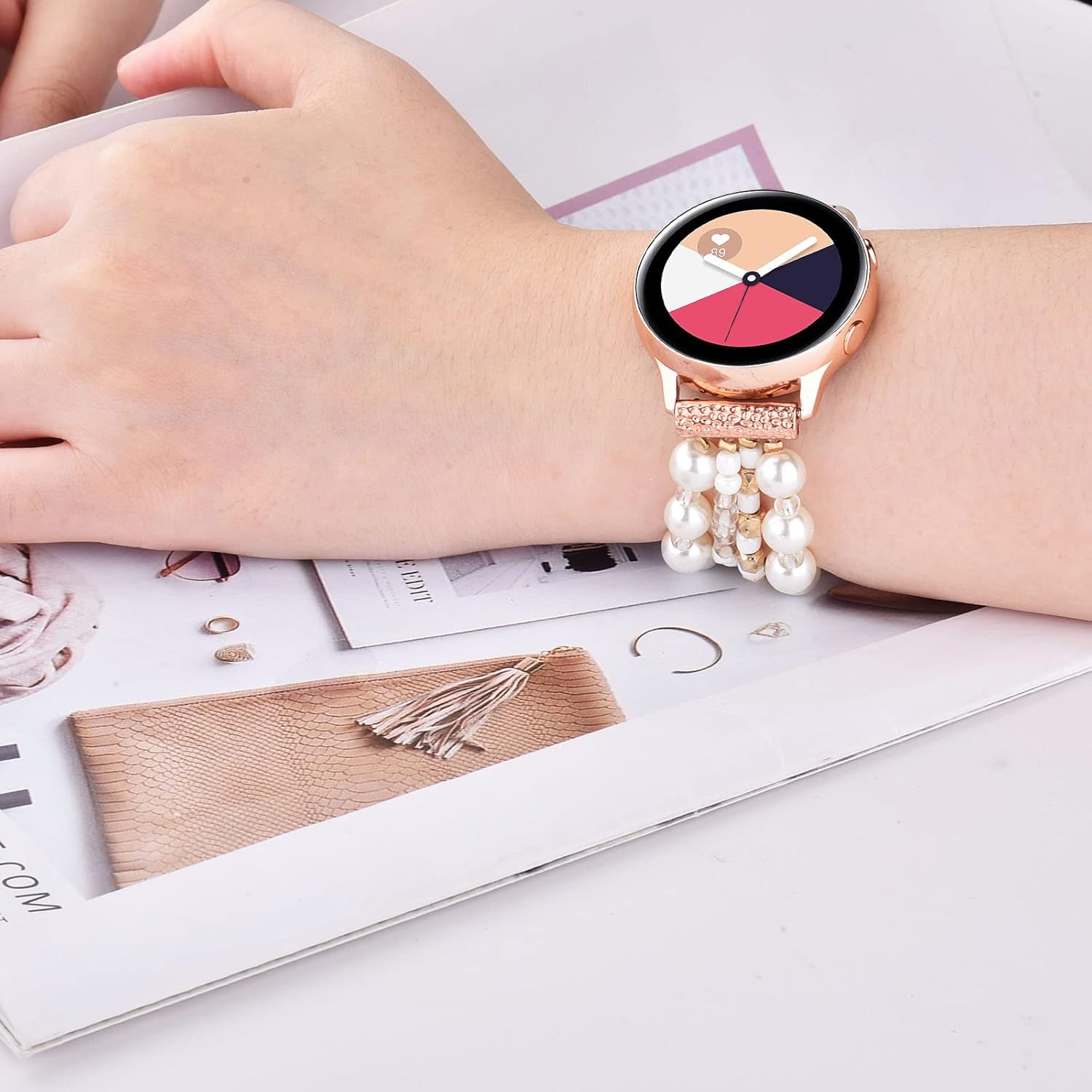 VISOOM Beaded Boho Bracelet Compatible for Samsung Galaxy Watch 6/5/4 40mm 44mm Bands/Active 2 40mm 44mm/Watch 4 Classic 42/46mm Band Women, 20mm Handmade Fashion Cute Elastic Crystal Beads Bracelet - Image 6