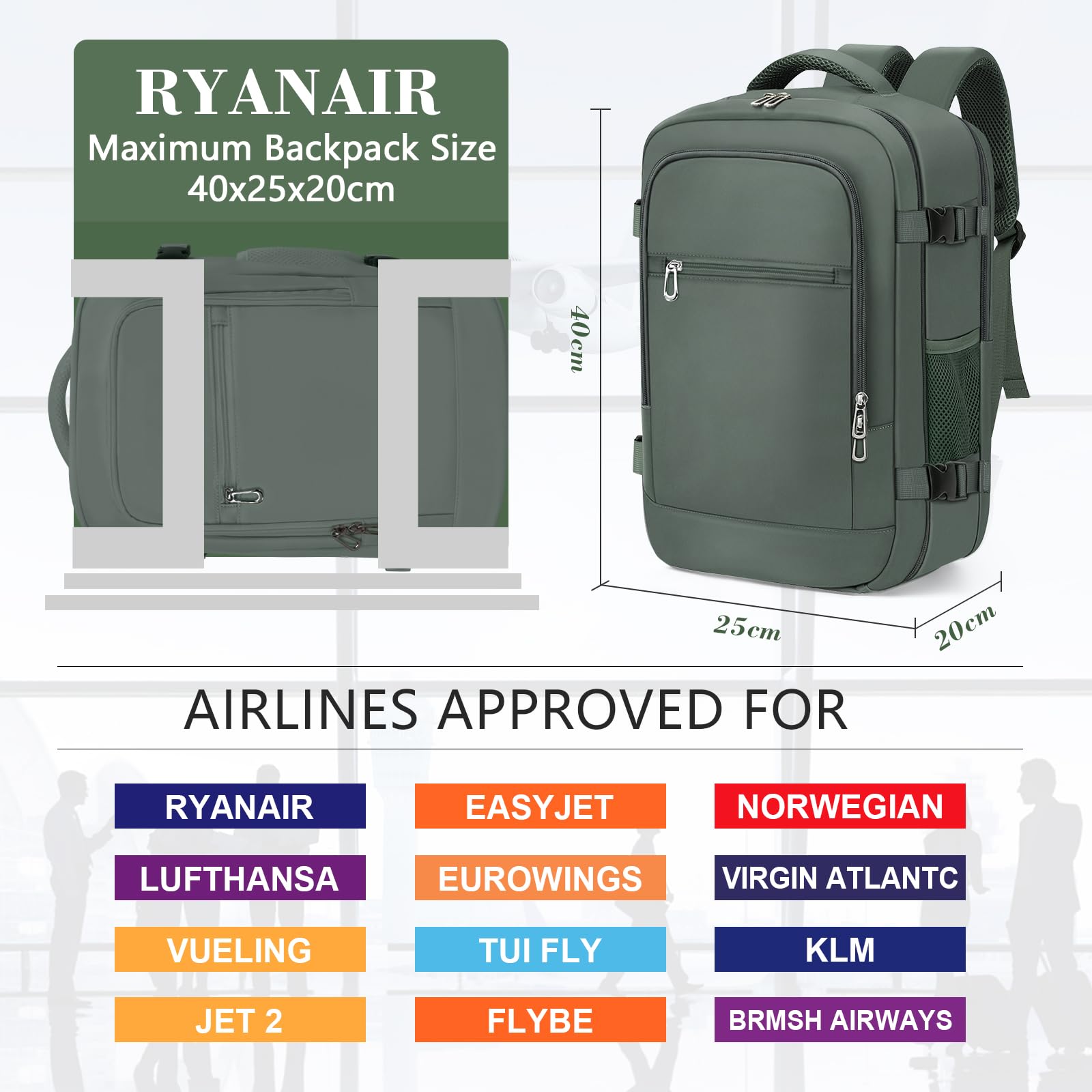 BAHIWOM Zaino per Ryanair 40x20x25, Bagaglio a Mano 20L Sotto il Sedile, Zaino Aereo Antifurto con Tasca PC 14 Pollici, Borsa da Cabina Uomo Donna per Lavoro Trekking - Verde