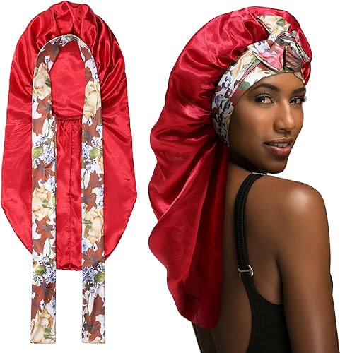 Miniatura 8 de MBJERRY Gorro largo de satén para trenzas, capó de seda para dormir, banda elástica para mujeres negras, cabello rizado