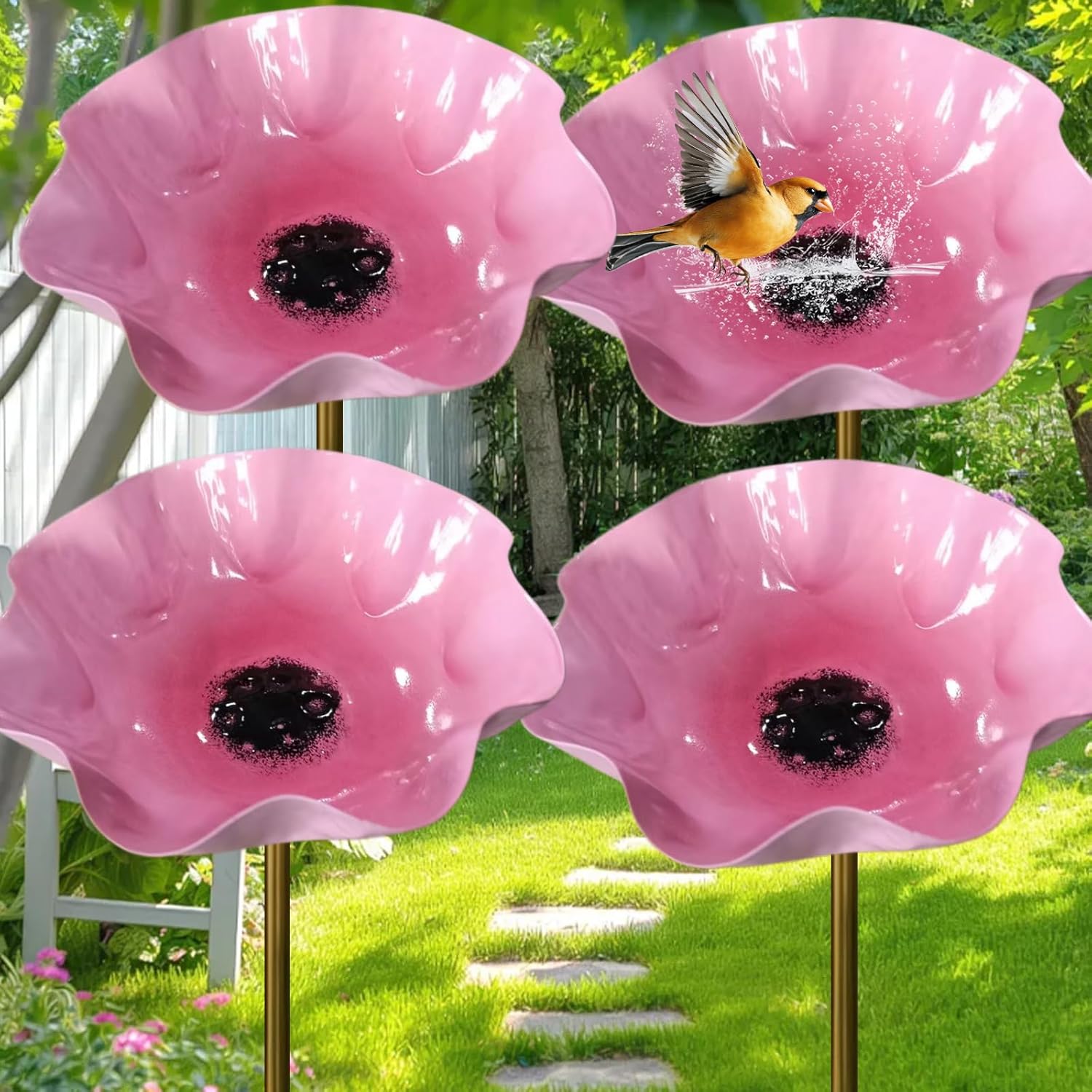 Upgraded Metal Flower Garden Stakes Bird Bath,Handmade Metal Flower Garden Stake with Bee Bath & Bird Water Bowl,Weather-Resistant Pollinator＆Mini Bird Bath (Mix b)