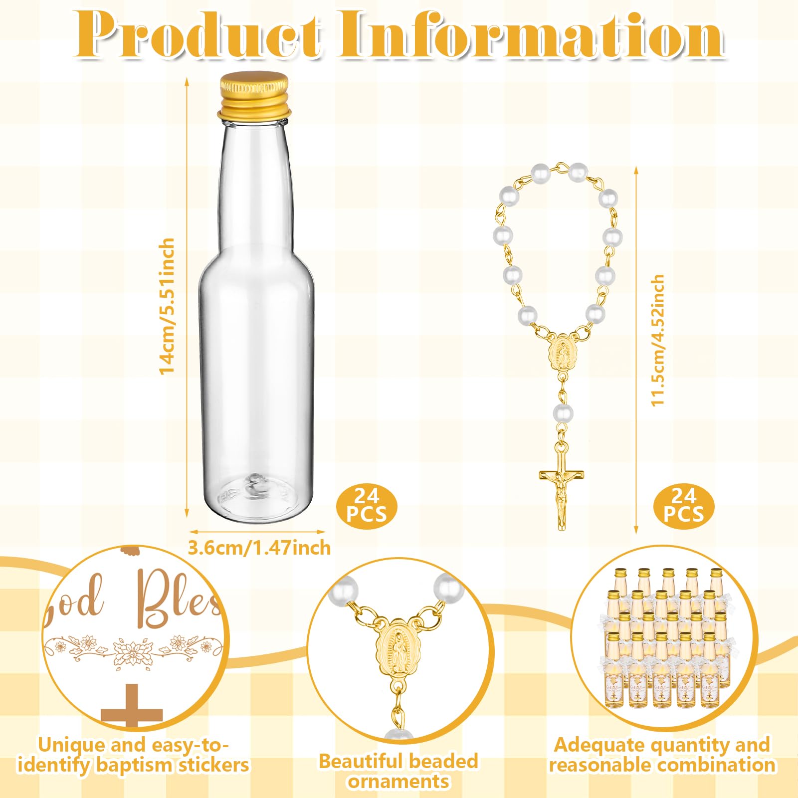 LIUBUJINGYING 24 Sets Catholic Holy Water Bottle 3.4oz Baptism Rosary Christian Water Container Empty Plastic Holy Bottle with Bracelet Lace Bow Sticker Rope Organza Bag for Wedding Newborn Easter
