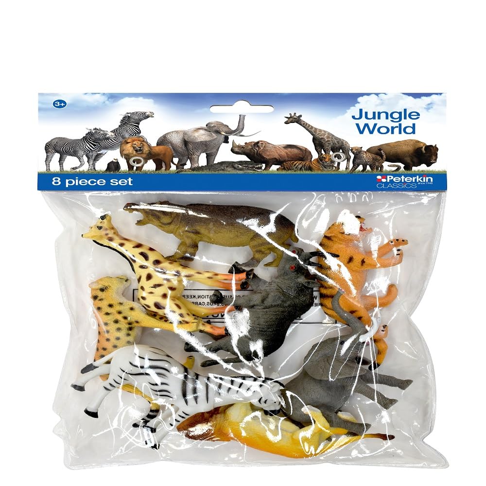 PETERKIN CLASSICS | Jungle World 8-Piece Set | 9-12cm Jungle Animal Toy Figures | Rhinoceros, Zebra, Giraffe, Hippopotamus, Tiger, Panther, Lion, Elephant | Roleplay Toys | Educational Toys | Ages 3+