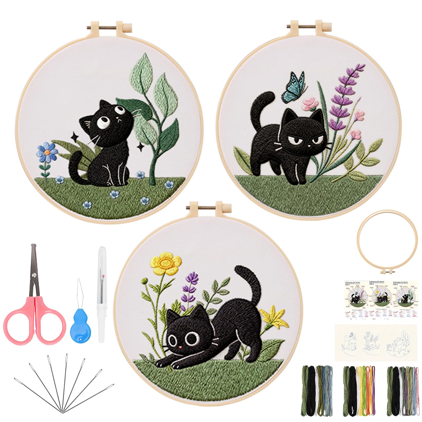 3 Pcs Embroidery Kit for Adults Beginners, Cat Flower Cross Stitch Kit with Pre-made Pattern Embroidery, Hoop, Thread & Needles, DIY Craft Needlework Set for Adults Home Decor or Gifts (Style B)