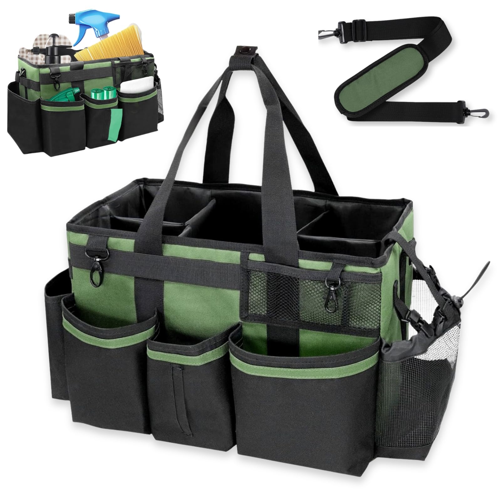 Sac de nettoyage portable en tissu Oxford déperlant avec bandoulière réglable et plaque de fond renforcée – Organiseur de fournitures à séparateurs amovibles pour femme de ménage et nettoyeurs