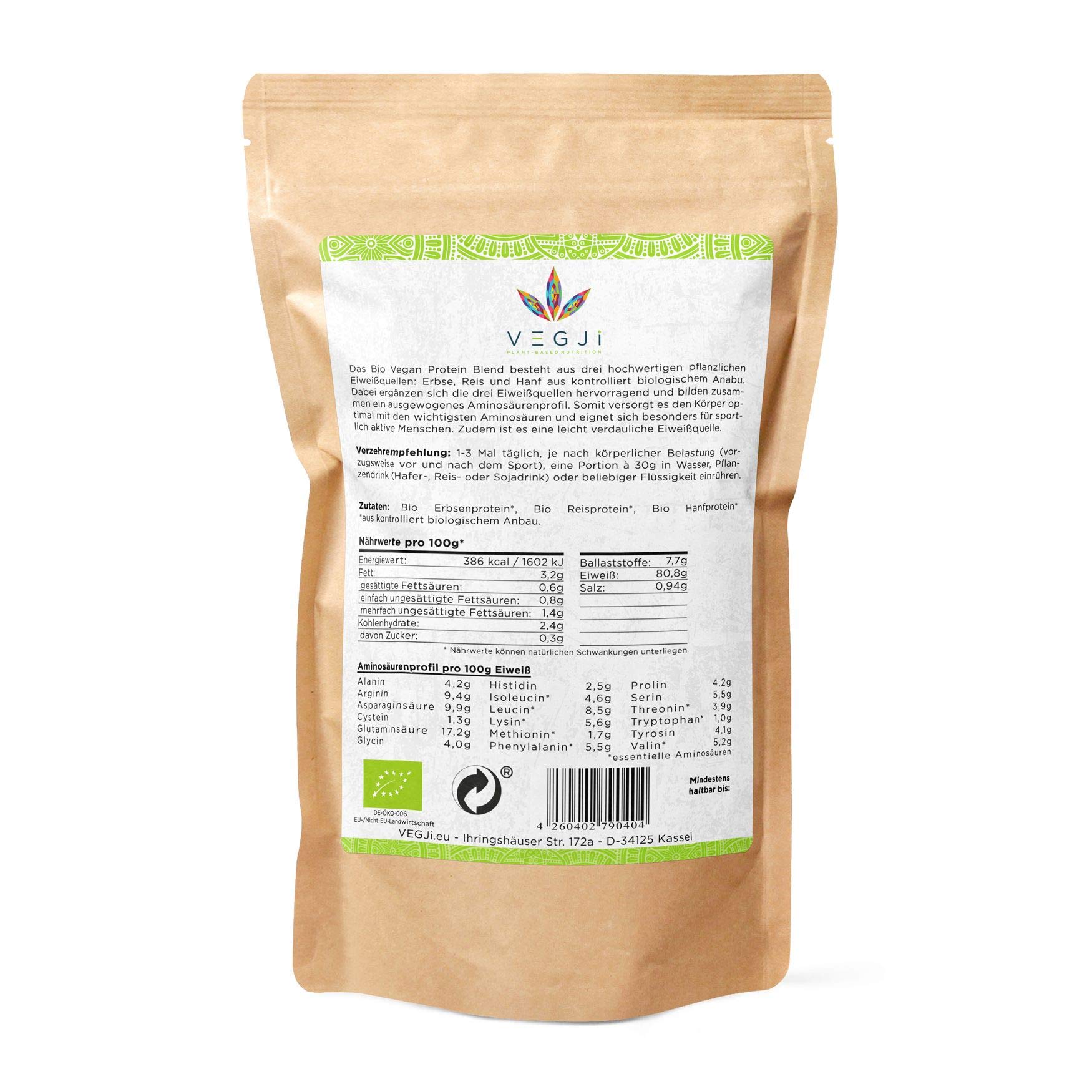 VEGJi Bio Vegan Protein Blend 1000g | Bio Erbsen-, Reis- & Hanfprotein | Hoher Proteingehalt | Ohne Süßungsmittel | Natürliche Zutaten (Geschmack: Natur)