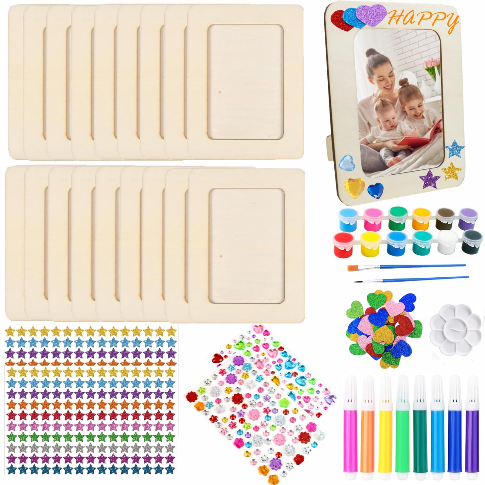 18 Packs Wooden Picture Frames for Craft, 7.5"x5.5" Unfinished Wooden DIY Photo Frame with Brushes Painting Tools Color Pen Rhinestone Stickers