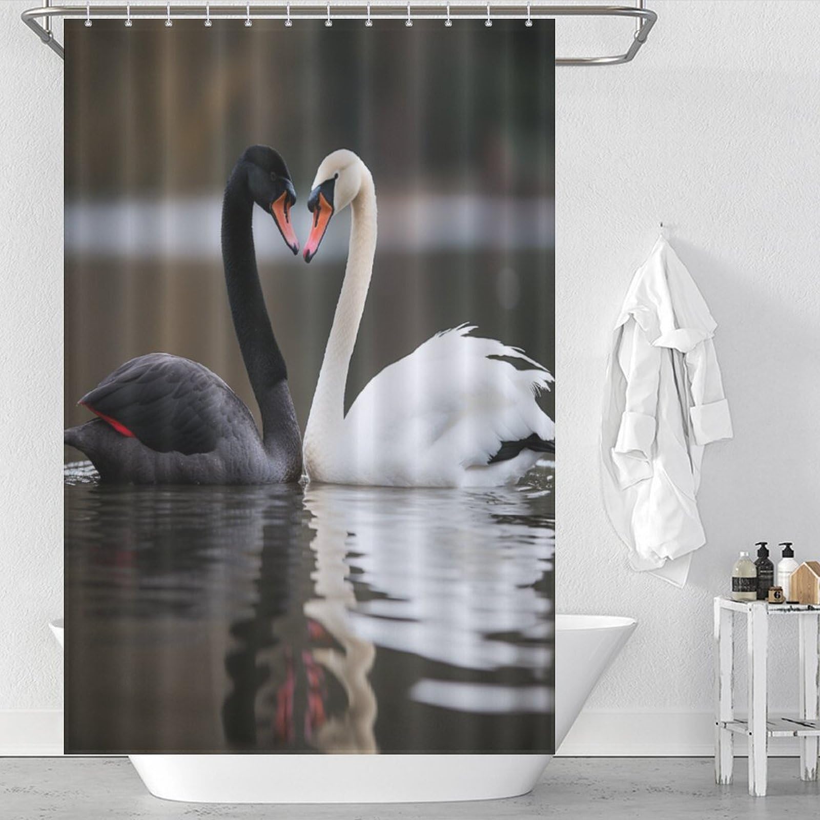 Rideau de douche cygne imperméable en tissu polyester lavable pour baignoire 122x183cm