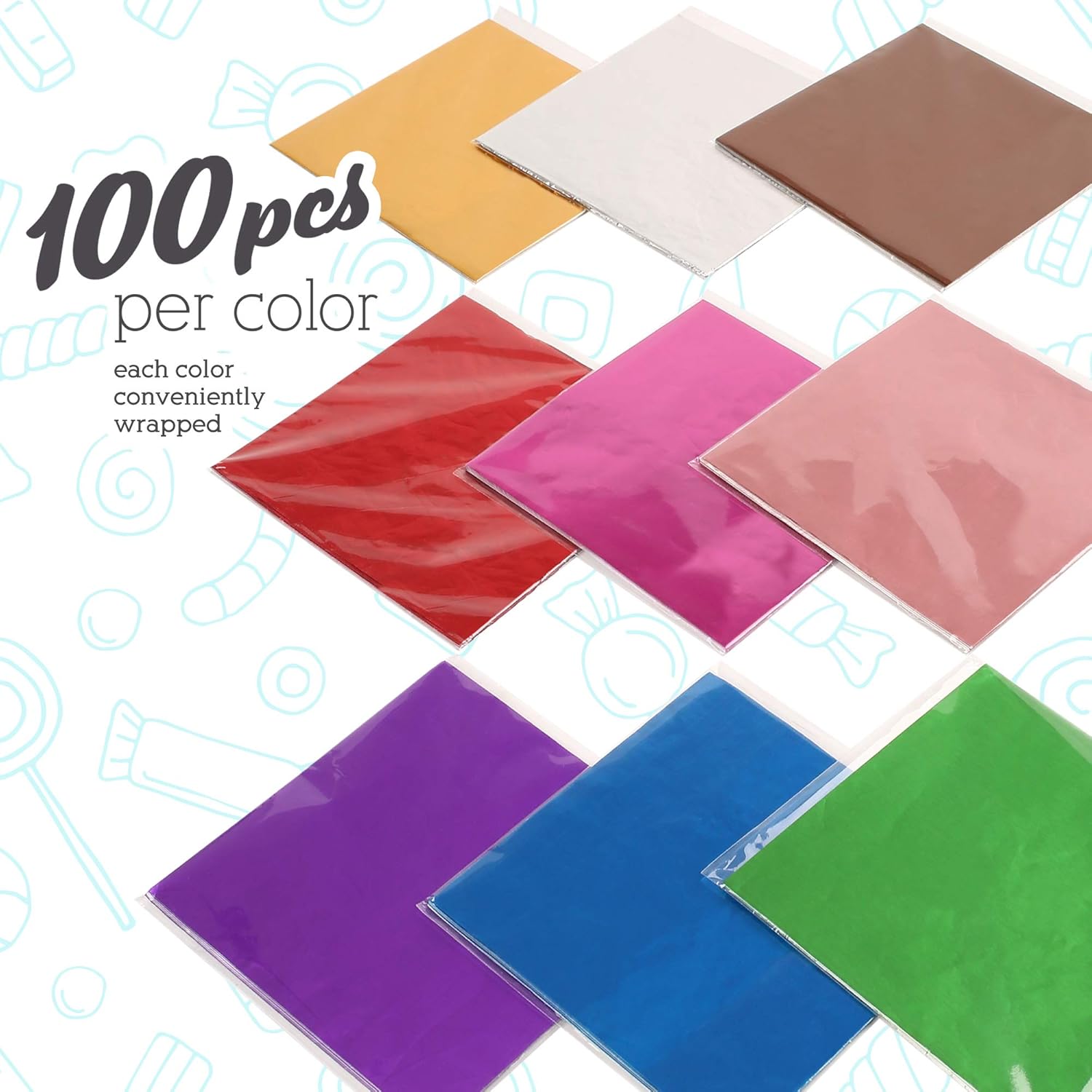 LotFancy Foil Candy Wrappers for Chocolates, 4x4 inch, 900 Pcs Aluminum Candy Wrapping Paper, Square Colored Foil Sheets for DIY Homemade Candies Party Favors Decorations, 9 Colors