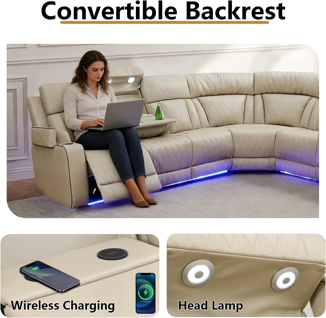 Power Leather Recliner Sectional Sofa with LED Light,L Shaped Reclining Couch with USB Charger/Cup Holder/Storage,Leather Sofa for Living Room/Home Theater(Beige,Sectional+3 Seats)