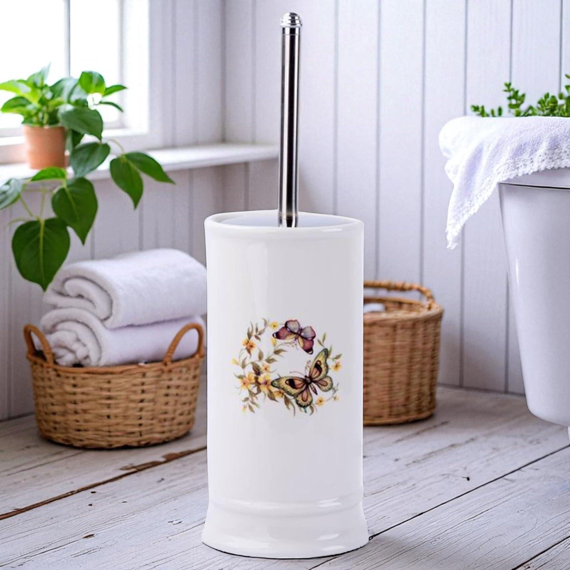GMMH Zestaw łazienkowy w stylu dworkowym, w stylu vintage, z motylami, dozownik mydła, szczotka do muszli klozetowej, ceramiczna (szczotka do WC)