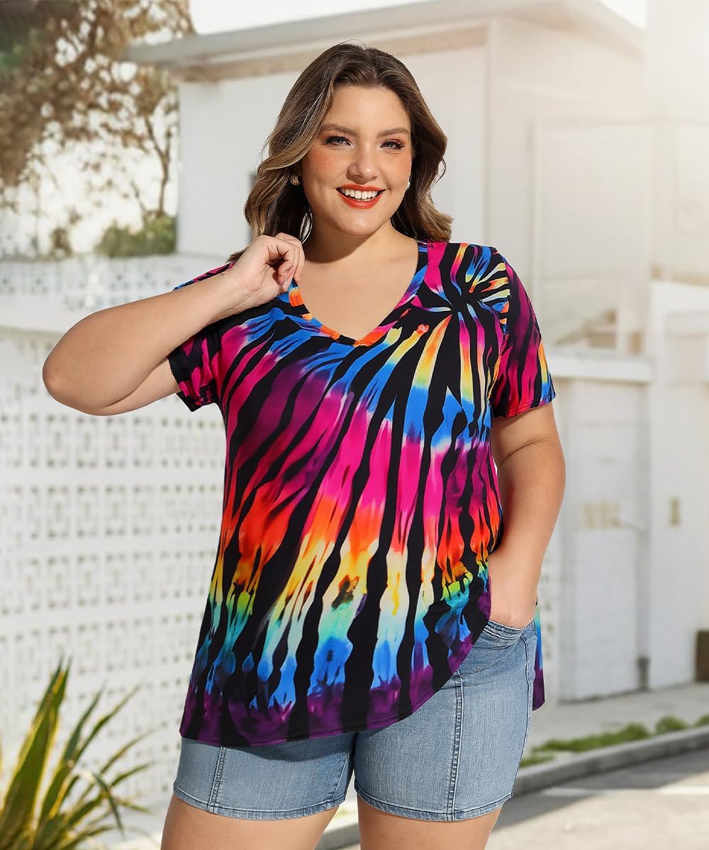 CARCOS Womens Plus Size Tops Basic Summer Shirts Short Sleeve V Neck Tunics Casual T-Shirt Loose Fits XL-5XL - Image 3