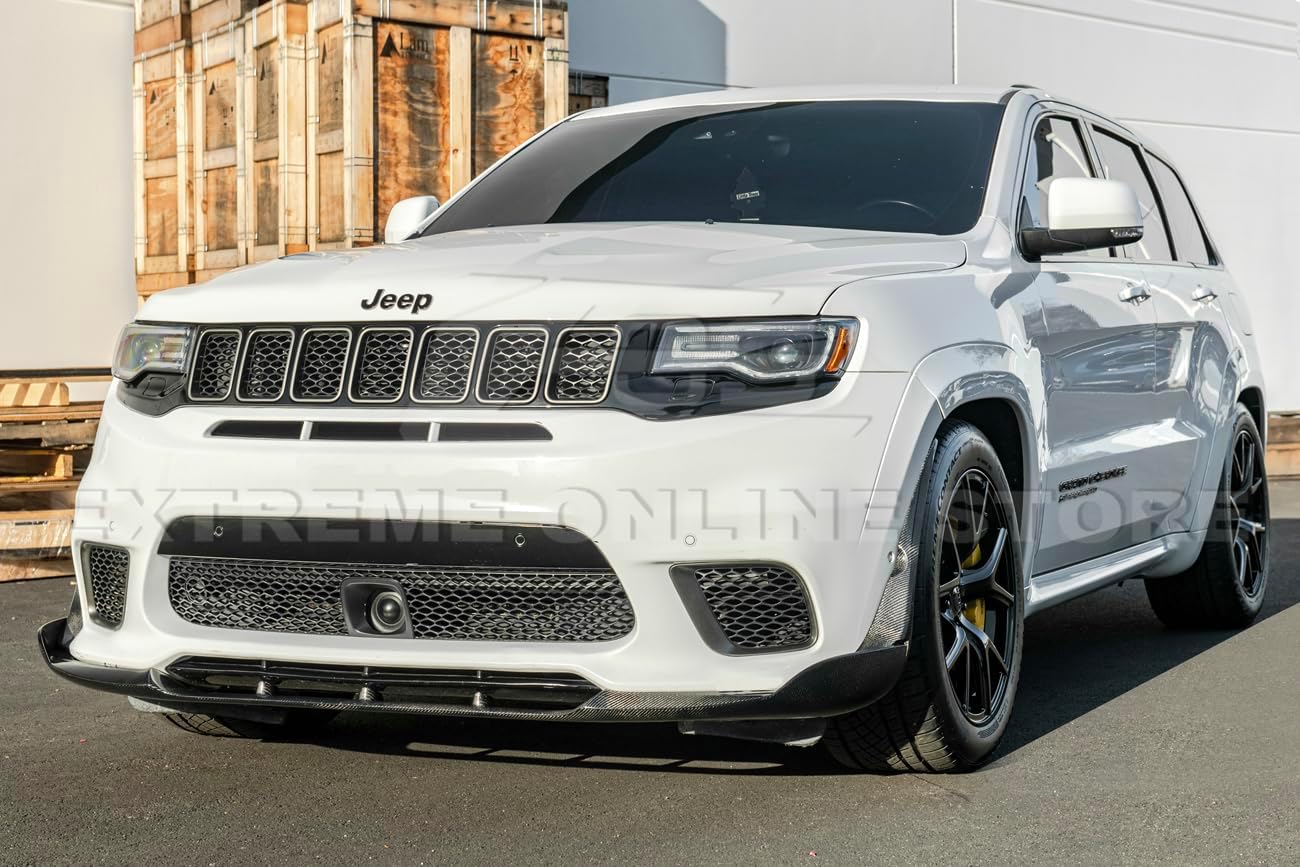 Replacement for 2017-2021Jeep Grand Cherokee SRT & Trackhawk Models | SRT Performance Track Style Carbon Fiber Front Bumper Lip Chin Spoiler with Side Winglets Pair