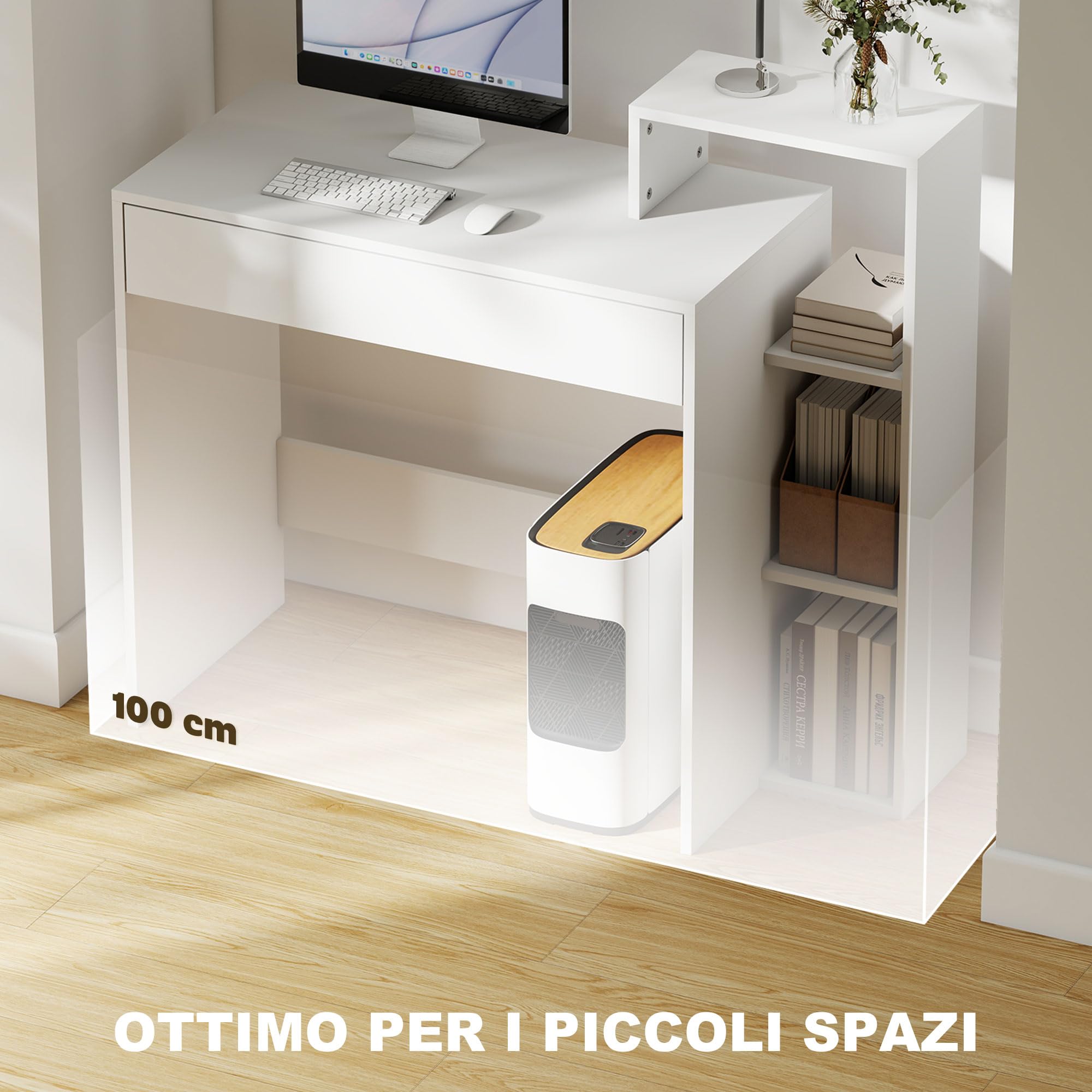 HOMCOM Scrivania Salvaspazio Moderna con 3 Ripiani Aperti e Cassetto Grande, Scrivania con Libreria in Legno, Tavolo Porta PC per Computer, per Ufficio, Studio e Camera da Letto, 100x40x90cm, Bianco