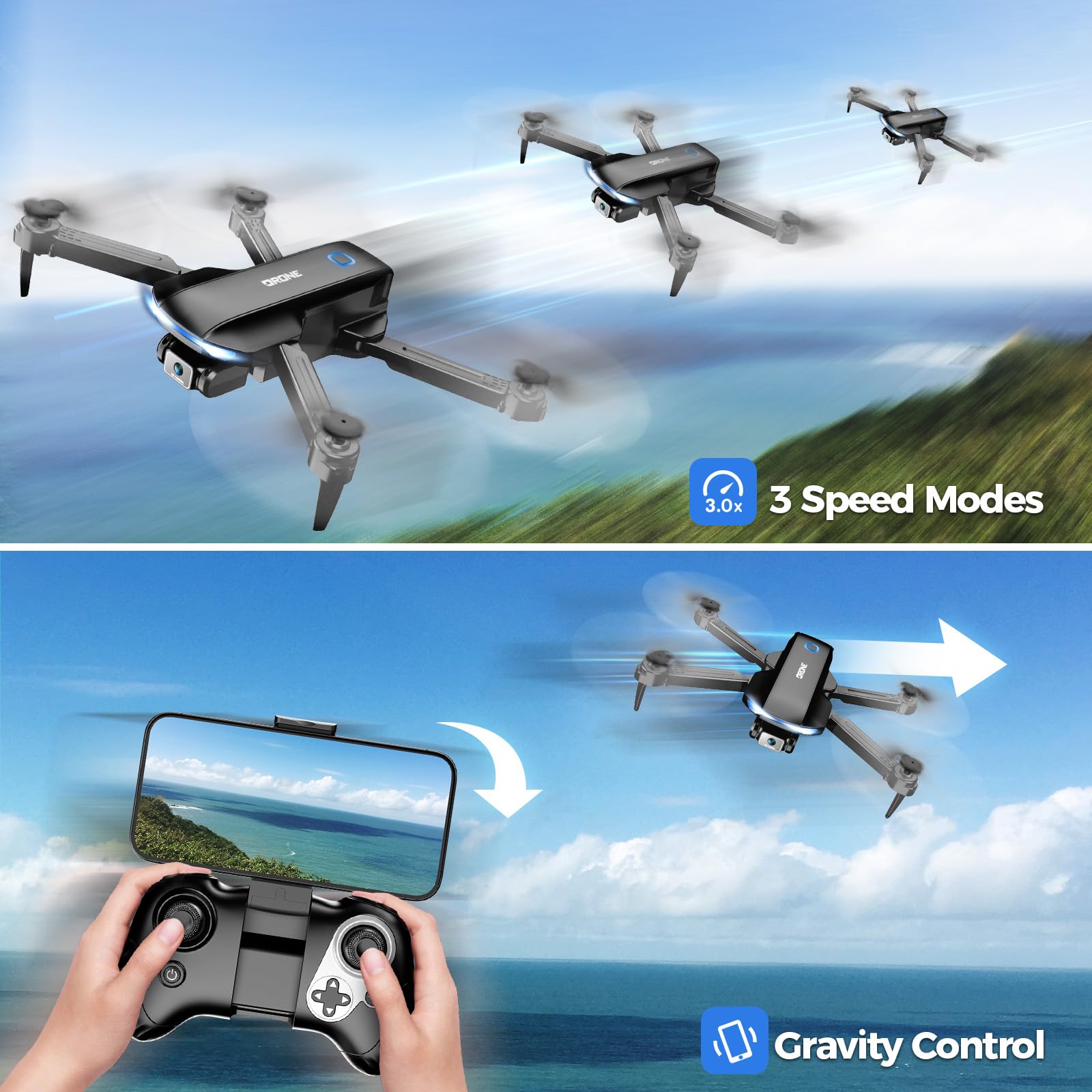 Drone with Camera 1080P HD FPV Foldable Drone for Adults and Beginners, RC Quadcopter with Gravity Control, One Key Take Off/Land, Optical Flow Positioning, 360° Flip, 3 Speed Mode, Waypoint Fly